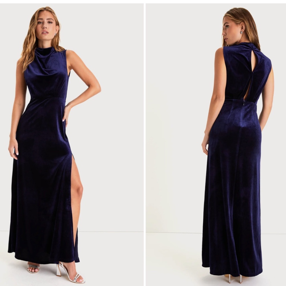 Lulus Classic Elegance Navy Velvet Sleeveless Mock Neck Maxi Dress Blue - Size S